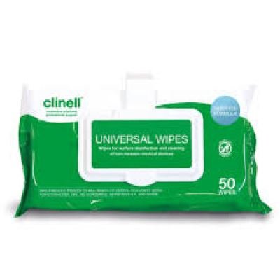 Clinell Universal Sanitising Wipes with Clip – Packet 50 hospital requirements