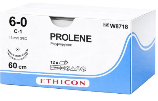 Ethicon Prolene 6-0 Suture With Double-Armed C-1 13mm 3/8 Circle Needle 60cm Blue W8718 Box/12 Hospital Requirements