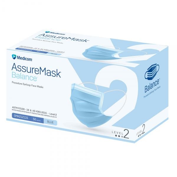Medicom Assure Level 2 Blue Face Mask With Ear loop  Surgical Hand Scrubs & Rubs
