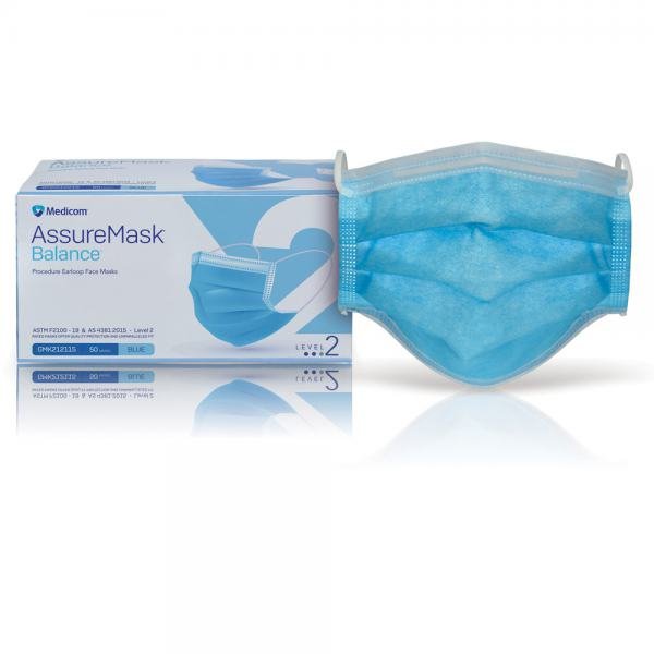 Medicom Assure Level 2 Blue Face Mask With Ear loop  Surgical Hand Scrubs & Rubs