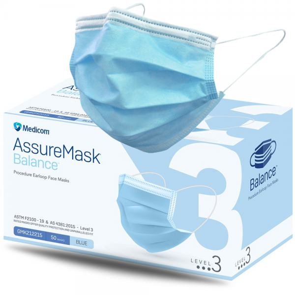Medicom Assure Level 3 Blue Face Mask With Earloop  Surgical Hand Scrubs & Rubs