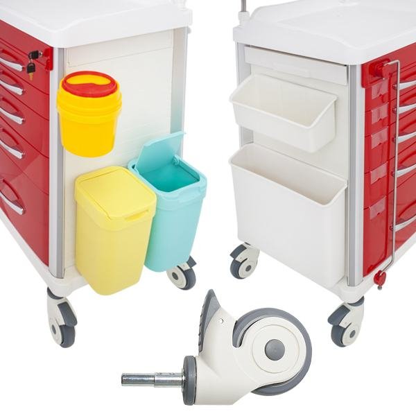 EMERGENCY TROLLEY RED 5 DRAWER LOCKING BAR, DEFIB SHELF, IV POLE & ACCESSORIES  Trolleys