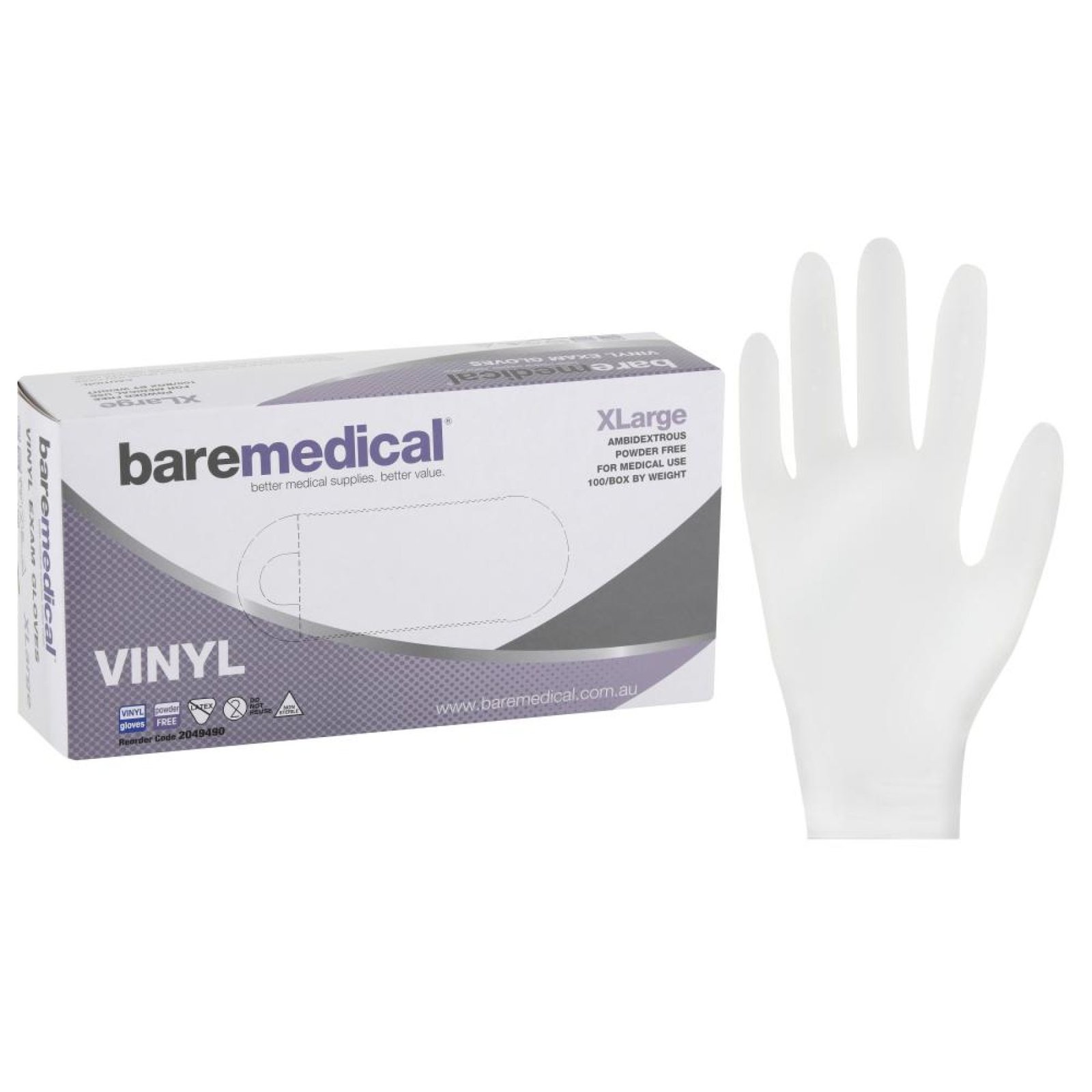  VINYL NON-STERILE POWDER FREE White Gloves - Large  BareMedical